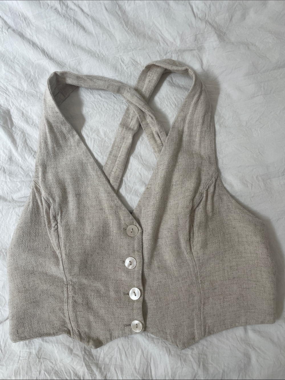 Abercrombie Linen-Blend Crisscross Vest Crop Top in Beige
